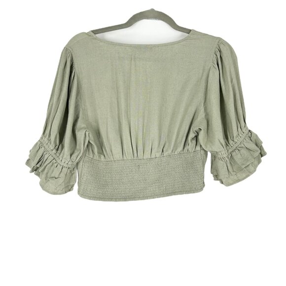 American Eagle Short Sleeve Cropped Blouse in Faded Olive - Picture 2 of 5